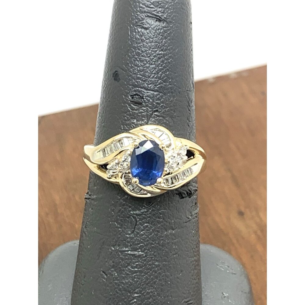 Blue Gemstone Diamond Cocktail Ring 14k Yellow Gold Estate Women's Size 7 - Picture 7 of 14